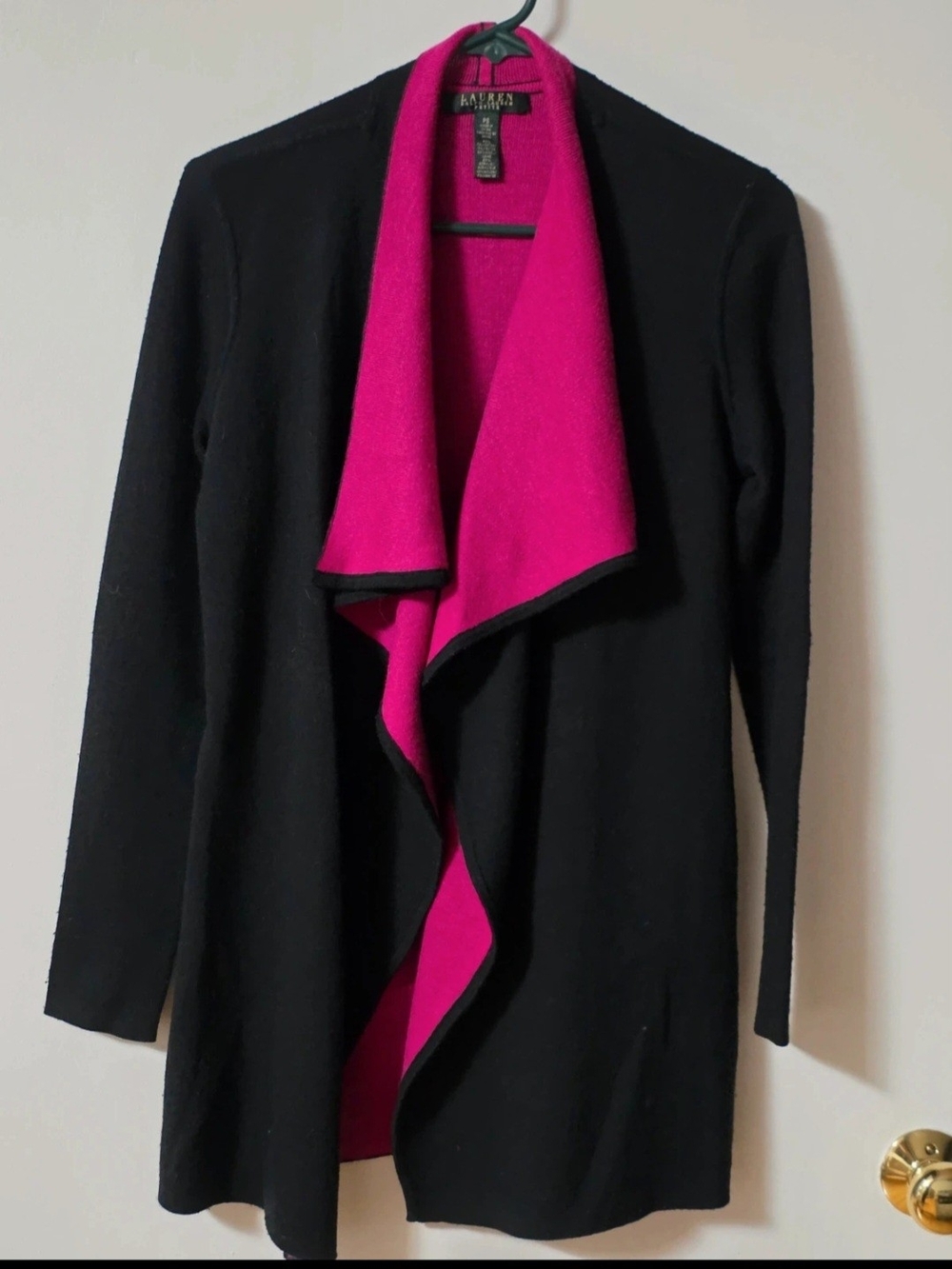 Lauren Ralph Lauren Black Sweater Cardigan with Hot Pink Trim Size PS
